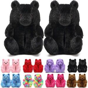 Women's Cute Fuzzy Purple Teddy Bear Slippers Cozy Cartoon Indoor Shoes